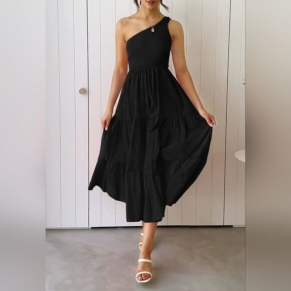 NWT Summer Boho One Shoulder Sleeveless Ruffle Beach Party Tiered Midi Dress - Picture 2 of 9